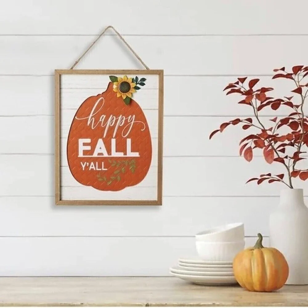 Happy Fall Y'all Sign Metal Sunflower Wooden Hanging Farmhouse Wall Front Door.